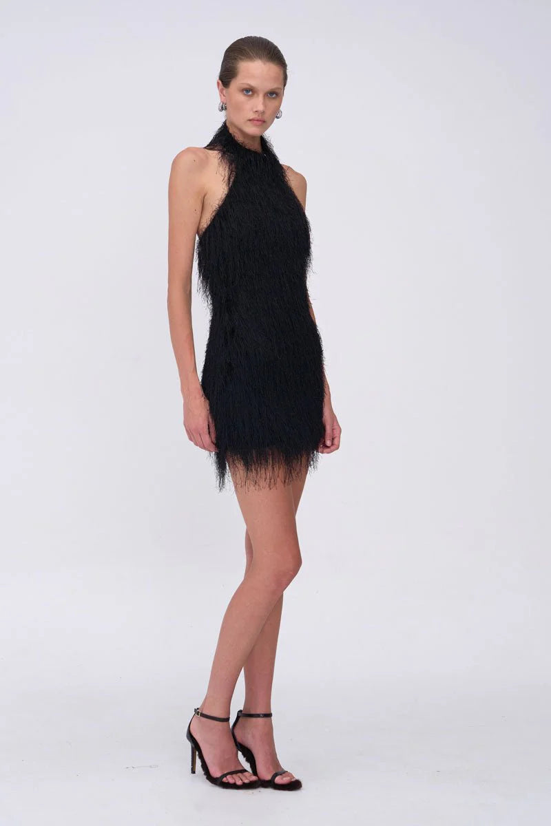 MILA FRINGE HALTER NECK MINI - BLACK