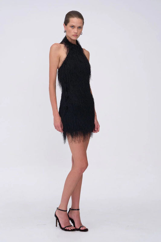 MILA FRINGE HALTER NECK MINI - BLACK