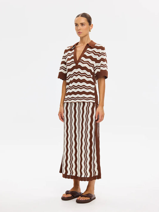 SARAH KNIT POLO TOP-CHOC/IVORY STRIPE