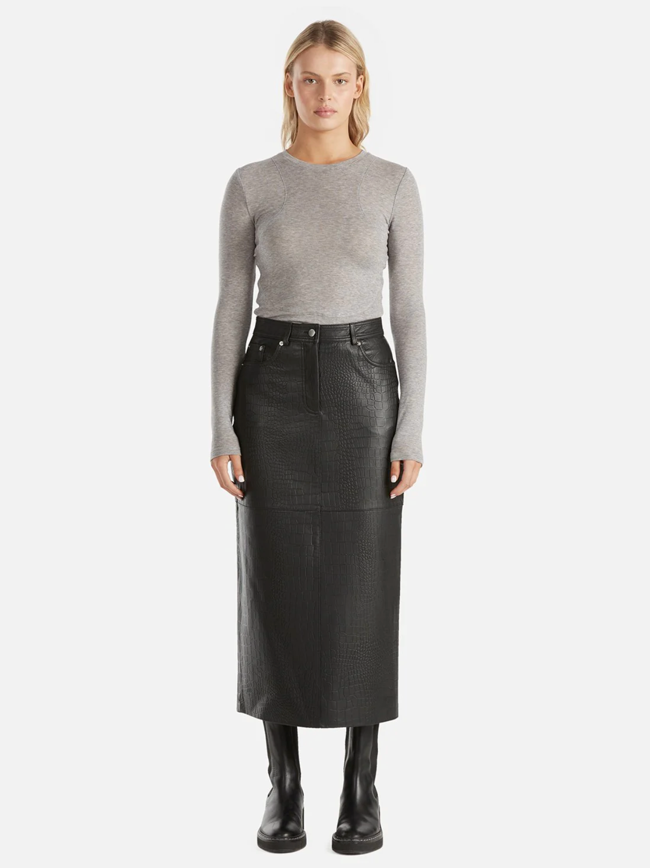 EDEN TEXTURED LEATHER MIDI SKIRT - BLACK