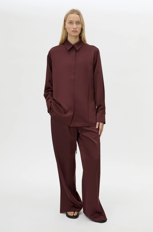 GROUND SATIN LONG SLEEVE SHIRT - BURGUNDY
