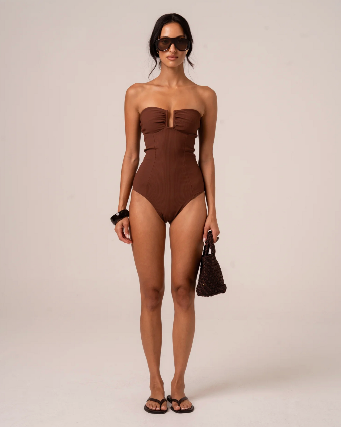SCULPTED BANDEAU ONE PIECE - CHOC RIB