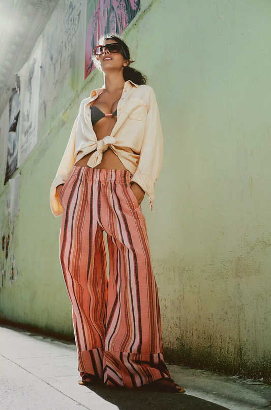 DAYS END SOLAR LINEN STRIPE PANT-CORAL