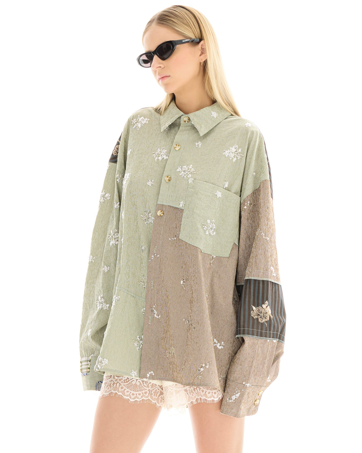 EMBELLISHED STRIPE PATCHWORK SHIRT (T462)
