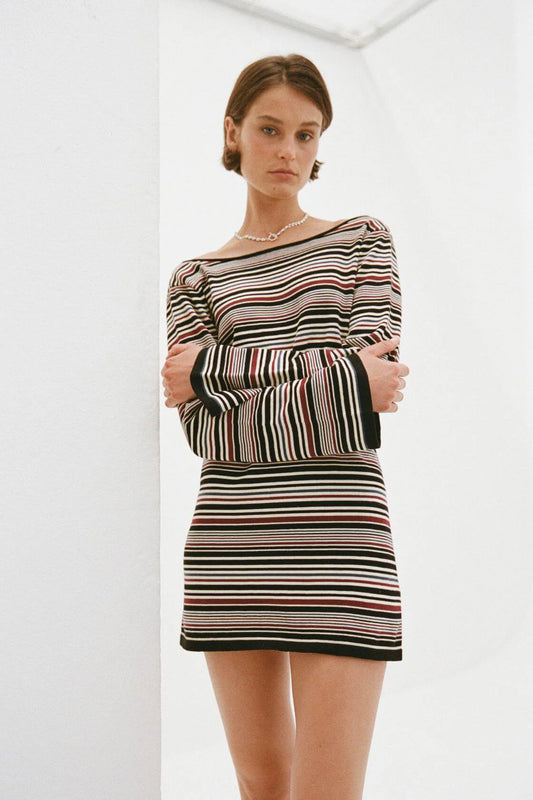 ALYA LONG SLEEVE MINI DRESS-MERLOT MULTI STRIPE