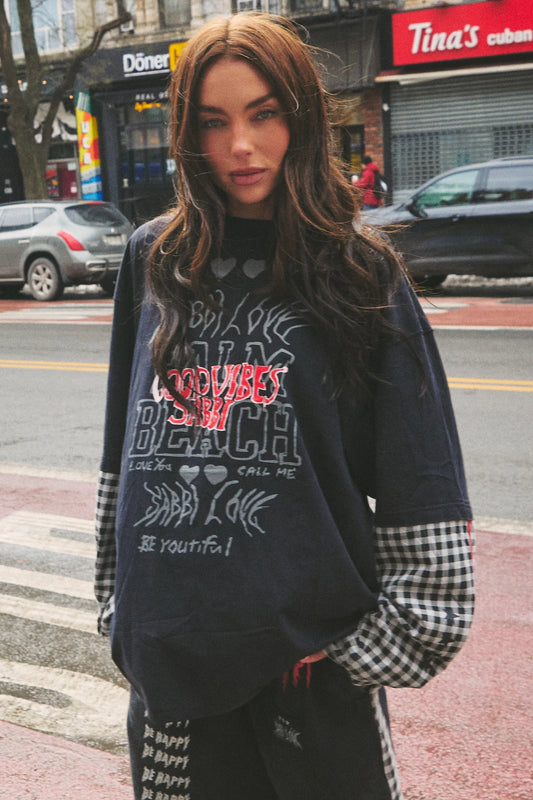 THE BE HAPPY GINGHAM LONG SLEEVE TEE