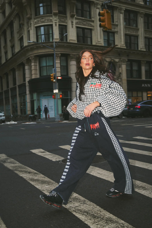 BE HAPPY WIDE LEG SWEAT PANTS - GINGHAM