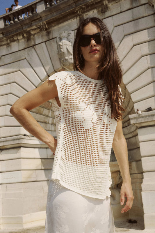 POLLYANNA FLORAL CROCHET TOP - BONE