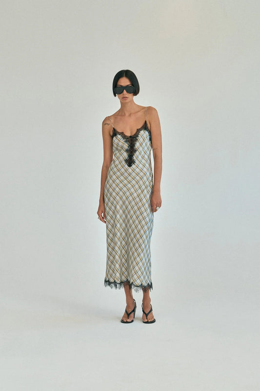KEPT CLOSE BIAS SLIP DRESS-IN CHECK