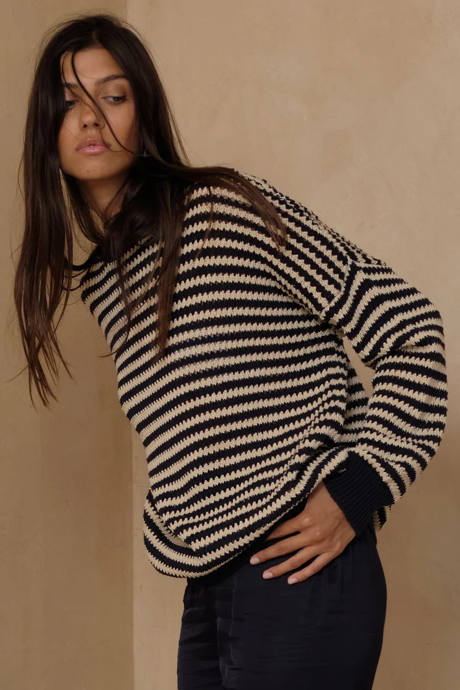 VALENTINA STRIPE KNIT TOP -NAVY/SAND