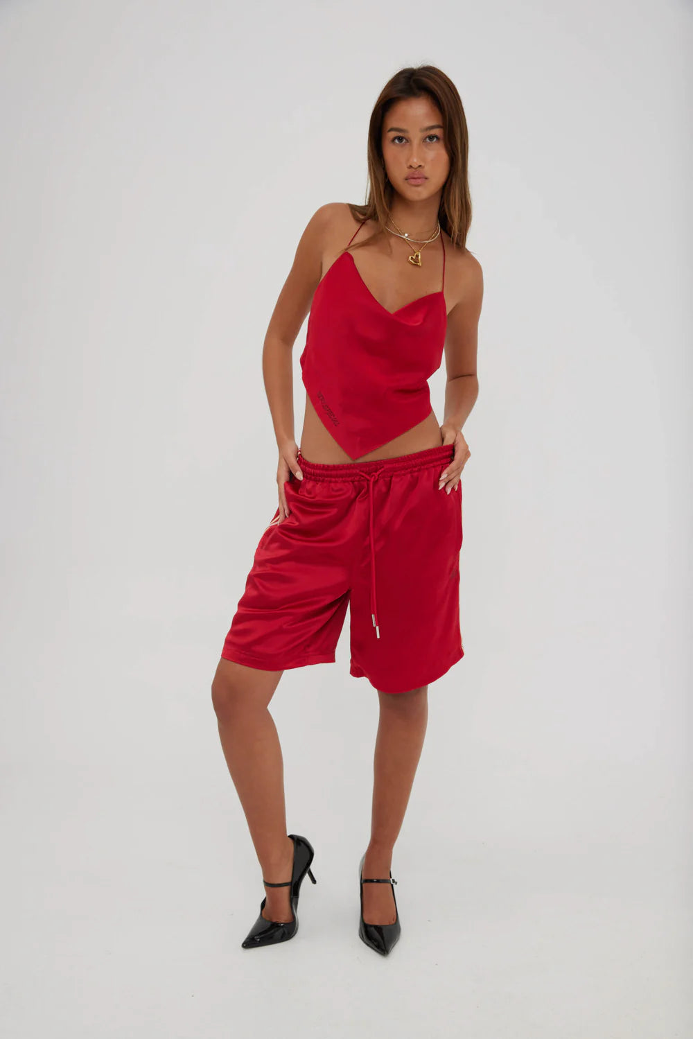 STRIPE SATIN BASKETBALL SHORT - RED